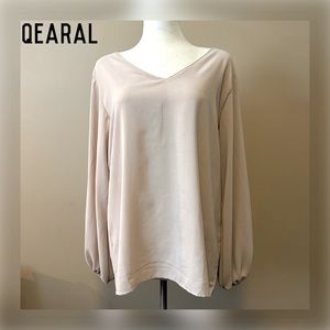 QEARAL Women’s Nude Beige Balloon Long Sleeve V-Neck Blouse (Size: XL/10)